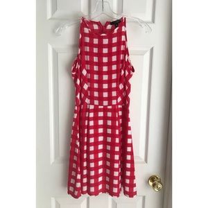 Aqua Red and White Checked Fit and Flare Dress